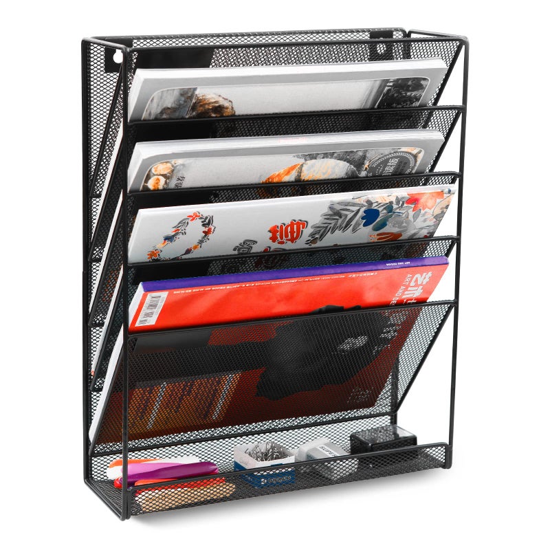 EasyPAG 5 Tier Wall File Holder Mesh Hanging Folder Organizer with Classify Label, Versatile Desk File Holder, Vertical Wall Mounted Mail Organizer for Office Home Cubicle, Black, Closed Sides - Image 1